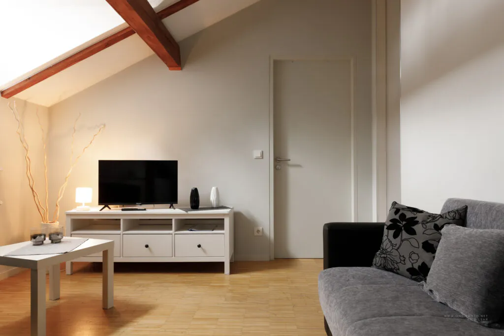 Wohnzimmer der Ferienwohnung 2 in Kreischa mit Fernseher und Sofa